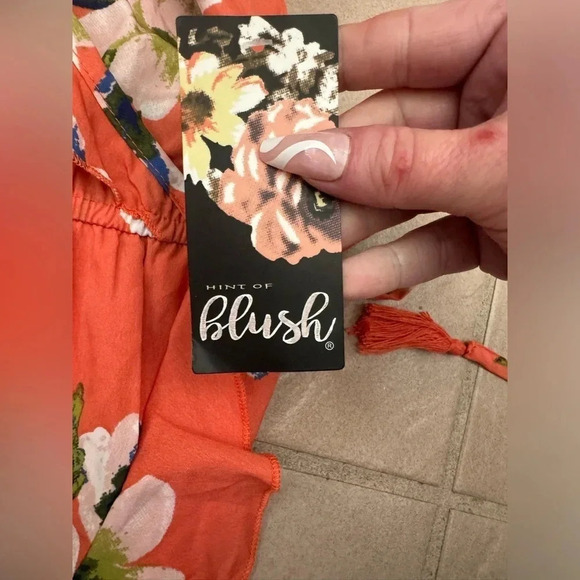 HINT OF BLUSH CORAL FLORAL PRINT OFF THE SHOULDER FAUX WRAP RUFFLE MAXI DRESS L - Picture 13 of 16